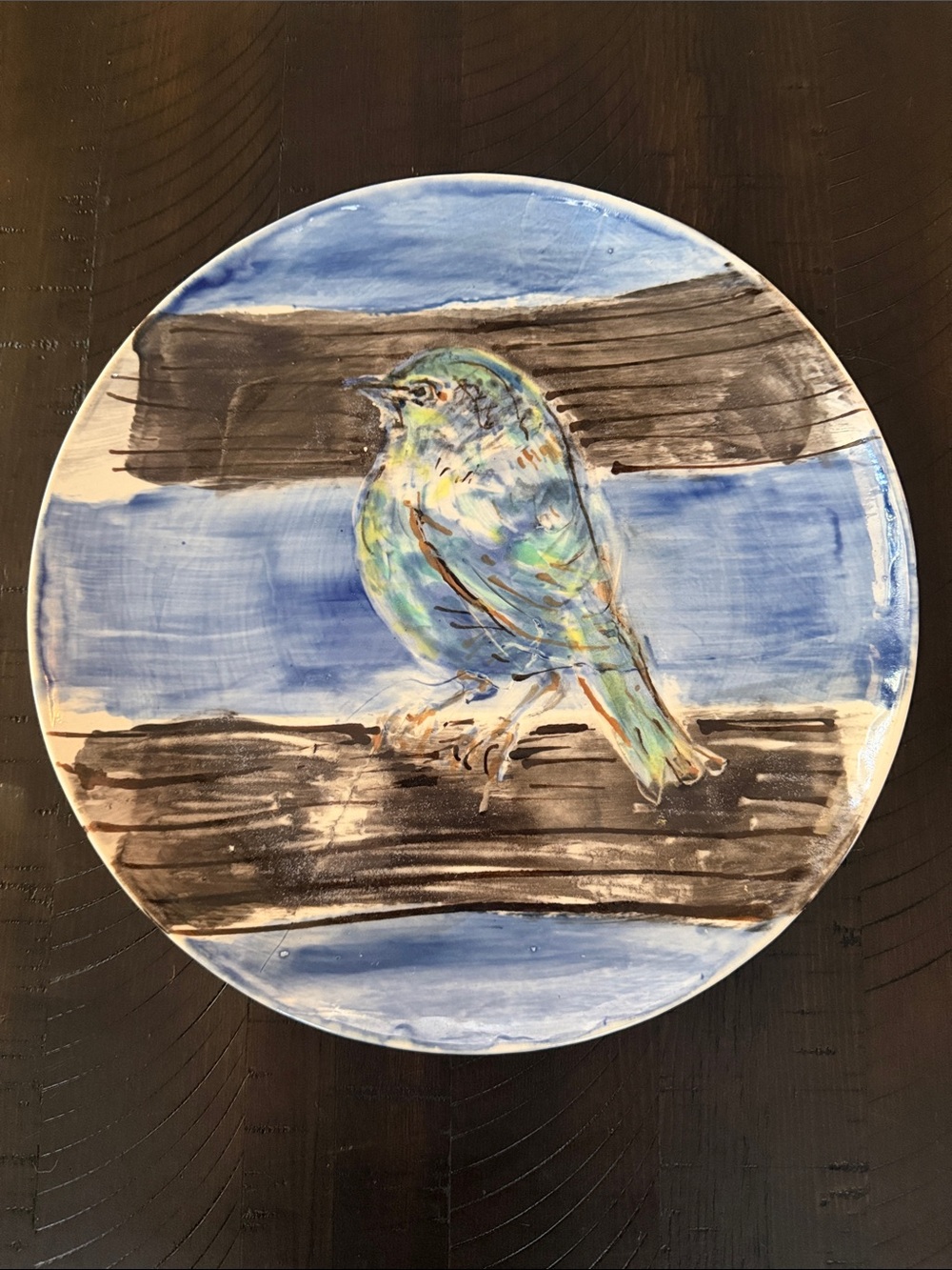 Hand-Painted Blue Bird Ceramic Plate - Bird of Many Colors Decorative